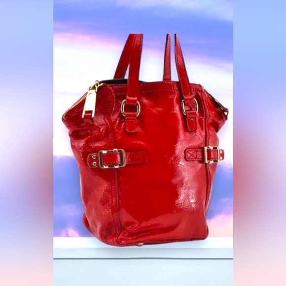 Authentic YVES SAINT LAURENTDowntown Mini Hand Bag Enamel Red 2866E